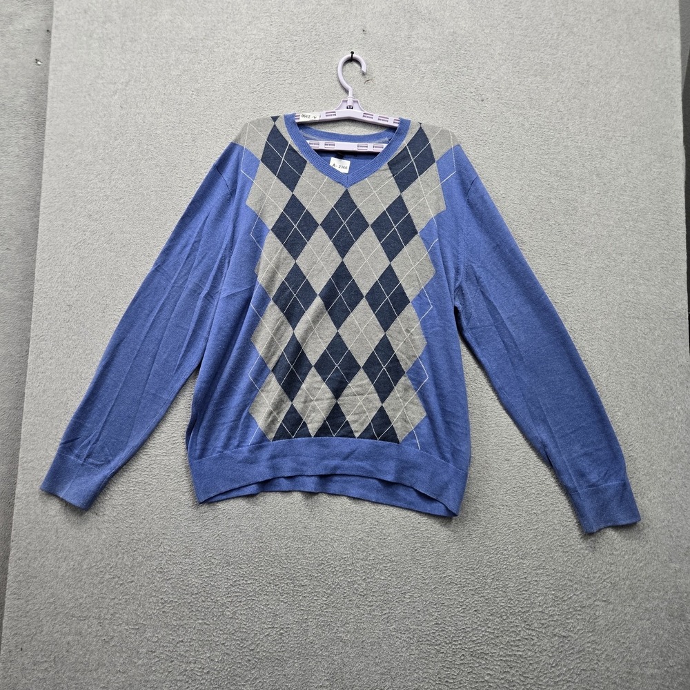 Banana Republic Men Sweater XL Blue Cotton Silk Argyle/diamond Pullover Sweater